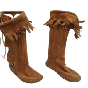 Vintage Unisex Brown Suede Fringe Knee High Moccasin Western Boots